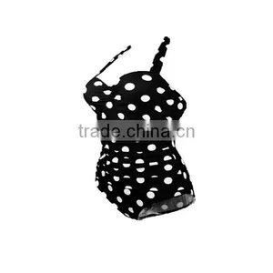 Vintage Floral Print White Polka Black One Piece Bathing Suits thumbnail-3