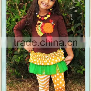 Baby Girls Turkey Boutique Outfit Appliqued Brown Long Sleeve Shirt Orange Polka Dot Stripe Ruffle Pants Thanksgiving Clothes thumbnail-1