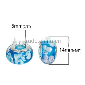 Round Silver Plated Core Flower Pattern Blue Transparent Lampwork Glass European Style Large Hole Charm Beads thumbnail-2