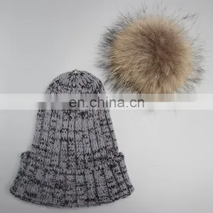 Winter Lady Knit Beanie Hat With Real Raccoon Fur Ball thumbnail-6