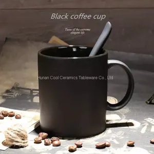 Glazed Black Coffee Ceramic Mugs,dull Polish With Spoon, Matter Milk Cup thumbnail-1