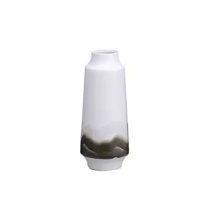Trapezoid Cylinder White Green Ink Color Cover Small Ceramic Vase, Office Home Furnishing thumbnail-5