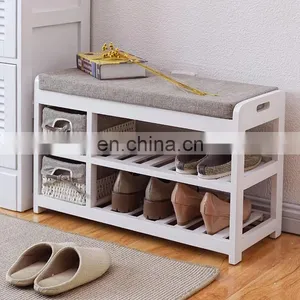 Wooden Sitting Storage Bench With Basket Drawers & Seat Cushion for Shoe Cabinet thumbnail-1