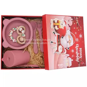 Platinum Silicone Baby Feeding Products Set Feeding Supplies With Suction Base Baby Bibs Spoon Fork Divider Plate thumbnail-1