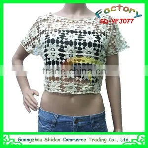 Fashional Lady Machine Made Short Sleeves Embroidery Cotton Water Soluble Lace Blouse thumbnail-1