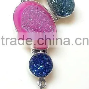 Multistone Coated Druzy Gemstone Pendant, 925 Solid Sterling Silver Druzy Pendant, Druzy Bezel Pendant thumbnail-1
