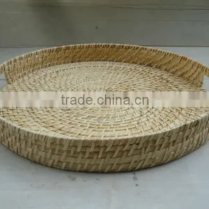 Round Rattan Serving Tray, Cheap Bamboo Tray Round, Handmade Tray With Handles thumbnail-1