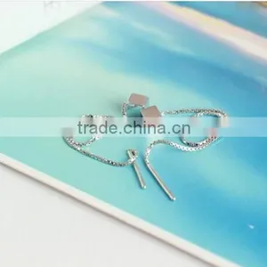 925 Sterling Silver Square Cube Zirconia Thread Line Threader Earrings thumbnail-5