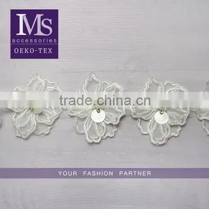 Beautiful Design 8.5cm Width Organza Flowers Beaded Lace in White thumbnail-1