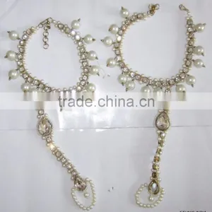 PEARL CRYSTAL Beads Payal ANKLETS Pair Feet Barefoot Sandal Toe Ring thumbnail-2