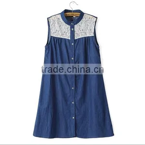 EY0587A 2015 New Desgin Women Collar Sleeveless Lace Stitching Cowboy Dress thumbnail-2