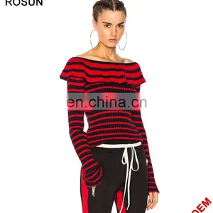 Fashion Red and White Strips off Shoulder Knit Sweater Top thumbnail-2