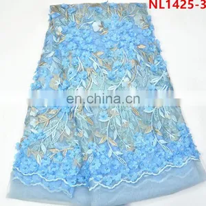 2017 Sky Blue African Lace Fabrics Tulle Beaded Lace , Leaf Design Sequins French Net Lace Fabric thumbnail-1