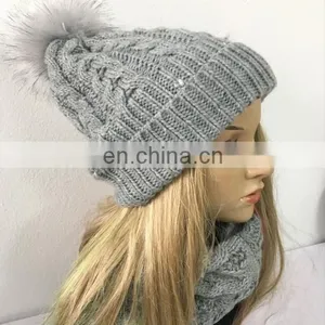Newest Women's Fashion Winter Pur Colour Acrylic Knitted Scarf Hat Set With Ball on Hat thumbnail-3