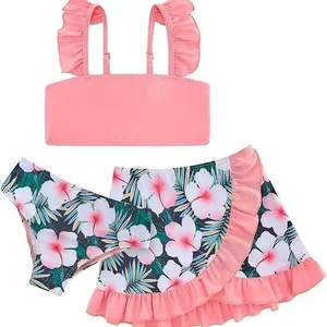 Girls 3-Piece Hawaiian Bikini Set With Cover Ups Skirt Swimsuit Kids for 5-12 Years Plus Size Print Bathing Swimwear Kids thumbnail-2