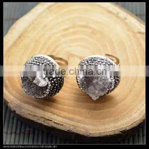 LFD-0014R ~ Wholesale Crystal Rhinestone Beads Paved Round Drusy Agate Rings Rhodium Plated Adjustable Size Woman Ring thumbnail-2