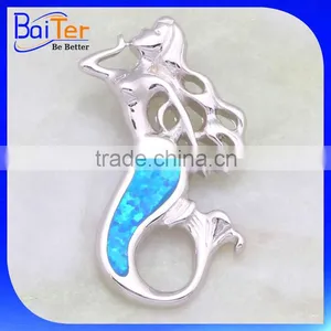 Rhodium Plated Mermaid Jewelry 925 Sterling Silver Synthetic Blue Opal Mermaid Pendant Quality Choice thumbnail-1