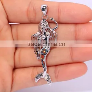 Rhodium Plated Mermaid Jewelry 925 Sterling Silver Synthetic Blue Opal Mermaid Pendant Quality Choice thumbnail-5