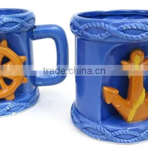 Mug Set, Includes Ship Wheel and Anchor Design, Blue Ceramic Coffee Mug Set thumbnail-2