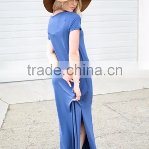 Floor Length Dress Pattern Short Sleeve Crisscross Neck Slit Design Maxi Dress One Piece Long Dress thumbnail-5