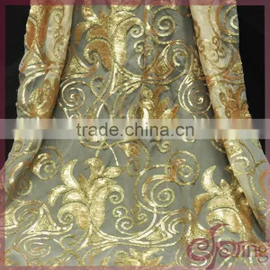 Gold Metallic Embroidery Mesh Fabric, Elegany Floral Embroidered Sequin Fabric thumbnail-1