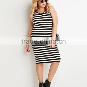 Women Plus Size Spoon Neck Sleeveless Tight Cotton Knit Stripe Tank Dress thumbnail-5