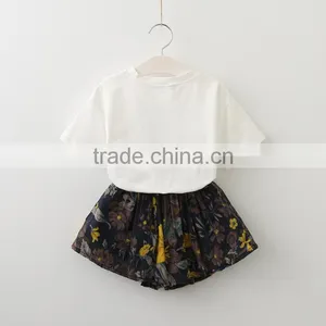 2017 Wholesale Girls Summer Apparel White t Shirt With Cat Print +mini Floral Dress Lothing Set thumbnail-2