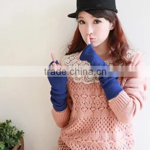 New Design Pure Color Knitted Elbow Length Fingerless Winter 100% Cashmere Gloves thumbnail-2