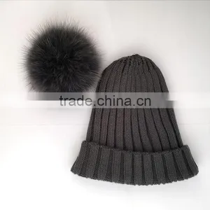 Myfur Dark Grey Knitting Hat for Adults With Real Fox Fur Pompom thumbnail-4
