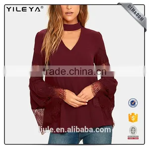 Long Sleeve Burgundy Red Lace Lady Blouse & Top thumbnail-1