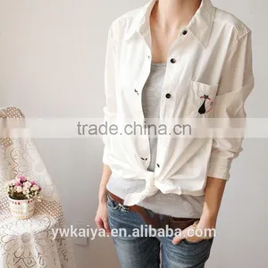 2014 New DesignT/C Cat Chest Pocket Cute Buttom Design Summer Casual Women Blouse thumbnail-1