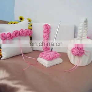 White Guest Book /pen Holder/ring Pillow/flower Basket Set With Pink Rose Decoration Wedding Favor Dropship Supplier thumbnail-1