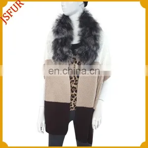 Women Knitted Shawl With Raccoon Fur Trim Cape thumbnail-1