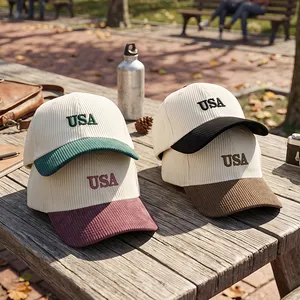 Vintage Ivy League Preppy Aesthetic Two Tone Corduroy USA Letter Embroidered 6 Panel Baseball Cap thumbnail-2