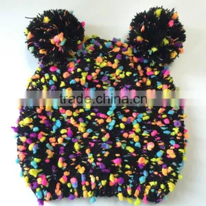 Fashion Winter Hat Chunky Knitted Colorful Novelty Yarn Pull on Beanie With Lovely Poms for Kids and Ladies thumbnail-1