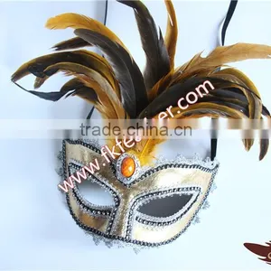 Gold Feather Mardi Gras Masquerade Birthday Party Mask With Cock Feather Mask thumbnail-3