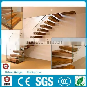 Hot Sale Tempered Glass Balustrade Floating Wood Staircase Design thumbnail-2