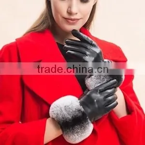 Ladies Wearing Leather Gloves With Gradient Rex Rabbit Fur Trim Genuine Sheep Skin thumbnail-2