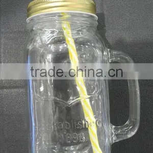660ml Drinkware Clear Glass Handle Jar With Straw Checkered Lid thumbnail-1