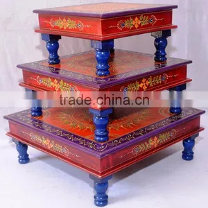 Indian Handcrafted Painted Wooden Chowki Set Of 3 thumbnail-3