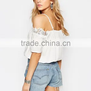 2016 Latest Off Shoulder Lace Trim Crochet Top HST8008 thumbnail-3