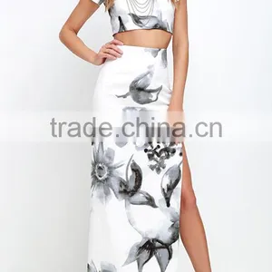 High Split Skirt With Short Sleeve Crop Top for Ladies 2017 New Fashion Water Printed Floral Two Pieces Sets thumbnail-2