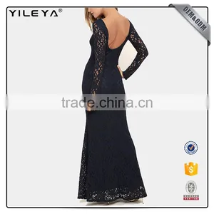Guangzhou Factory Offer Long Sleeve Sexy Black Elegant Women's Crochet Lace Dress 2017 Designs ,women Lace Long Evening Dress thumbnail-3