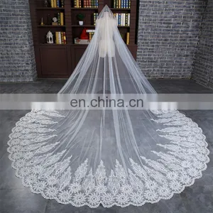 HSP1703 White 3 Meters Long Bridal Veils 1 Tier Layer Vintage Wedding Accessories Wedding Veil Lace Appliques thumbnail-1