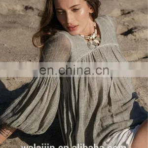 High Quality 3/4 Sleeve Cotton Yarn Babydoll Shirt , Ladies Gauze Shirt thumbnail-5