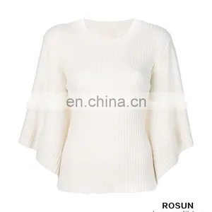 Women Crew Neck Cashmere Bat Sleeves Knitted Ribbed Top thumbnail-2