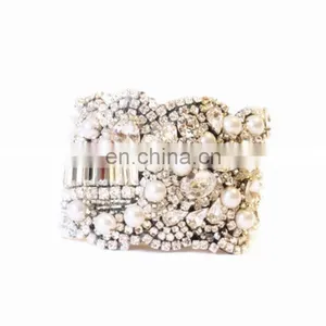 Aidocrystal Handmade New Pearl Rhinestone Cuff Bangles With Ribbon Tie Wedding Original Wide Breacelet thumbnail-1