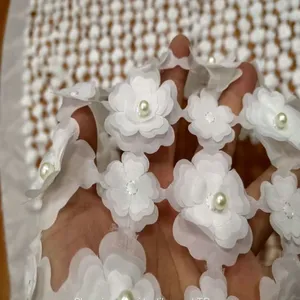 Heavy White Hand Beaded Bridal Lace Fabric thumbnail-4