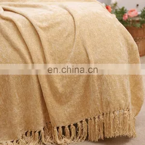 Best Quality Light Yellow Acrylic High Quality Blanket Jacquard Knitted Blanket With Tassels thumbnail-5
