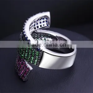 Unique 3 Strips Colorful Cubic Zirconia Siam Emerald Montana Cocktail Party Ring thumbnail-6